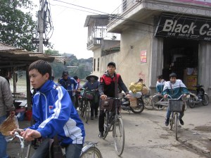 Off the ferry, coming home from school for lunch